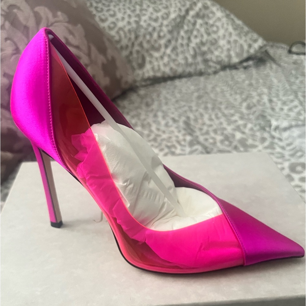 Jimmy Choo, Cas 110, Fuchsia Satin and Hot Pink Neon Plexi Pumps, Never Worn